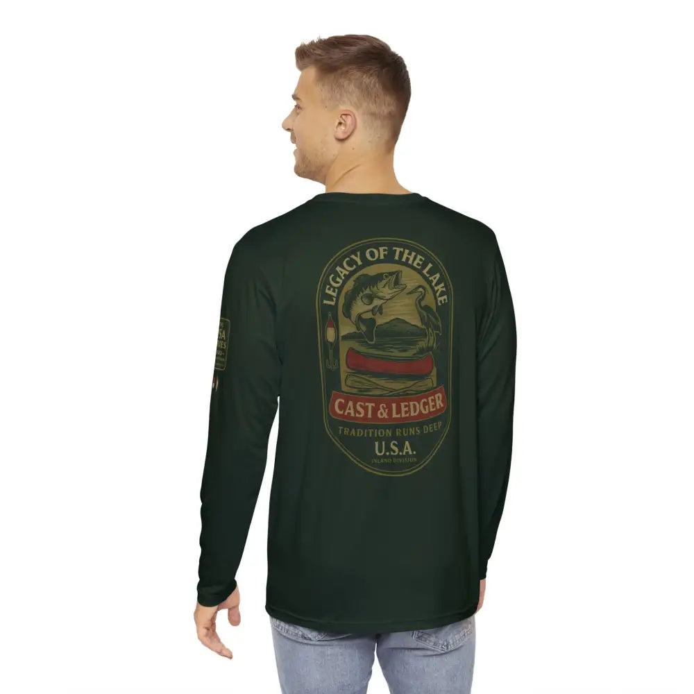 Trini Skies dark green long-sleeve fishing shirt with timeless outdoor heritage graphic