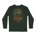 Dark green Legacy of the Lake long-sleeve fishing shirt with Trini Skies graphic