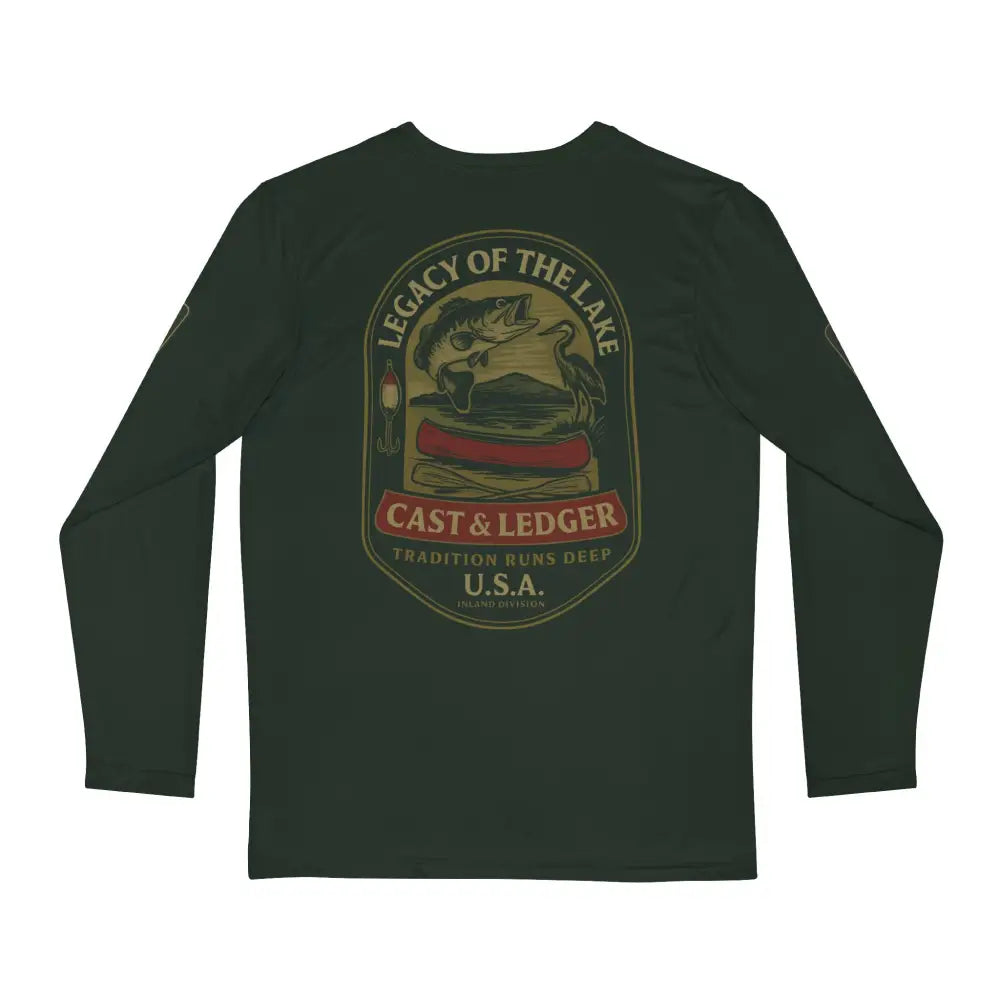 Dark green Legacy of the Lake long-sleeve fishing shirt with Trini Skies graphic