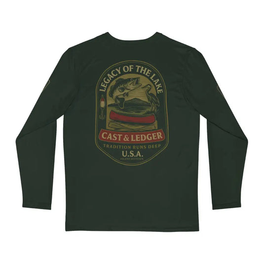 Dark green Legacy of the Lake long-sleeve fishing shirt with Trini Skies graphic