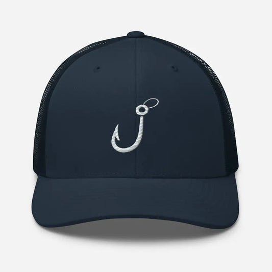 Fishing Hook Embroidered Trucker Cap - Premium Mesh Back Angler Hat - Navy - Hats dark blue trucker hat white 5