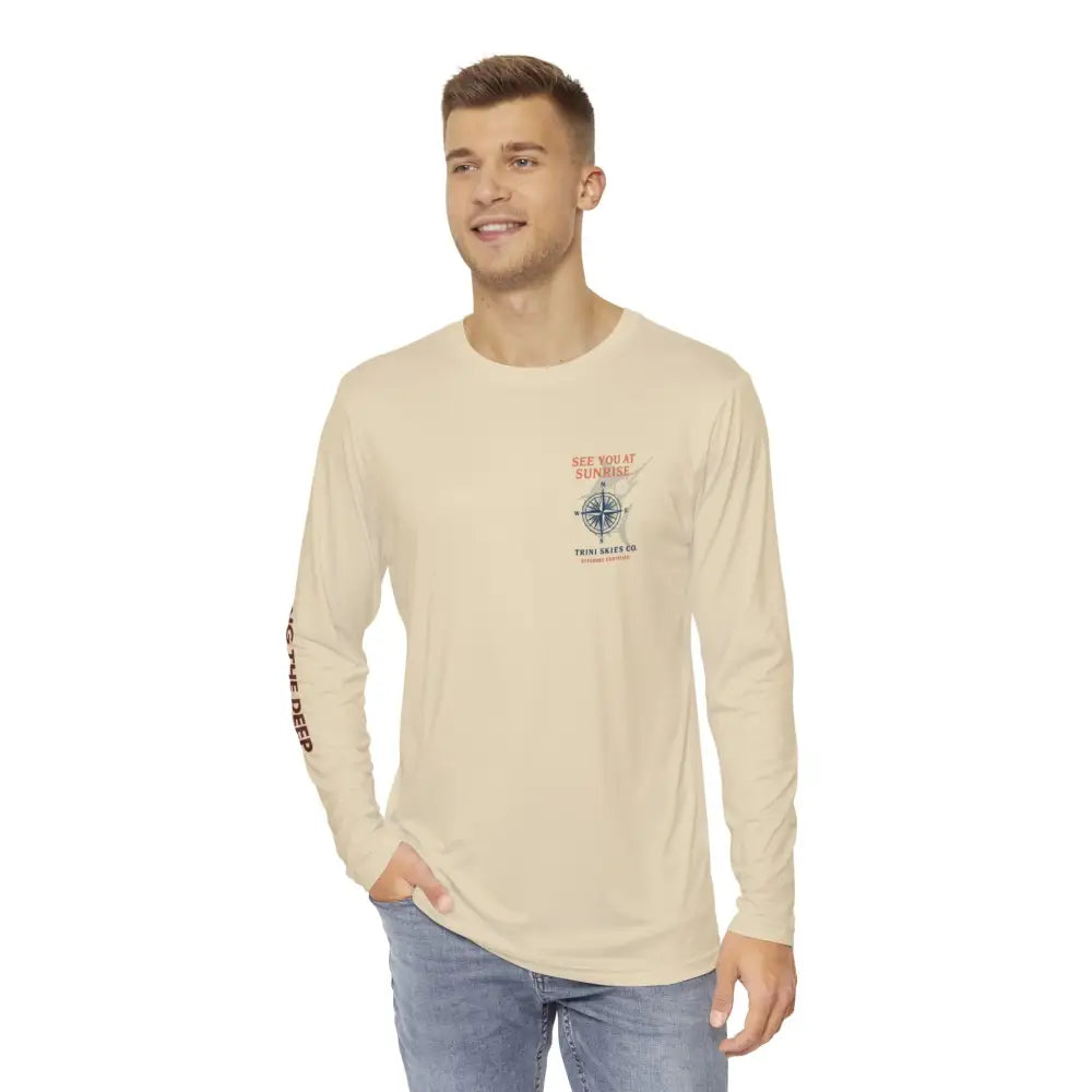 Mens long sleeve beige fishing shirt with compass graphic and Marlin tee