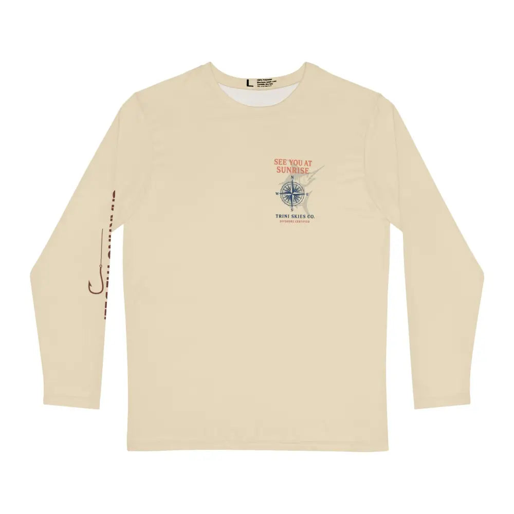 Beige long sleeve fishing shirt outdoor with compass and hook design