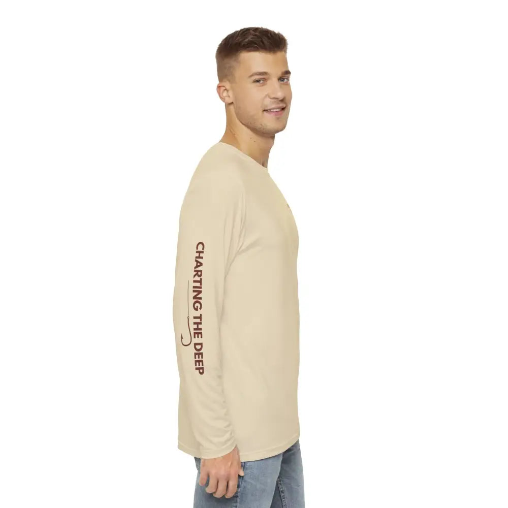 Men’s long-sleeve beige fishing shirt outdoor with Marlin Compass graphic