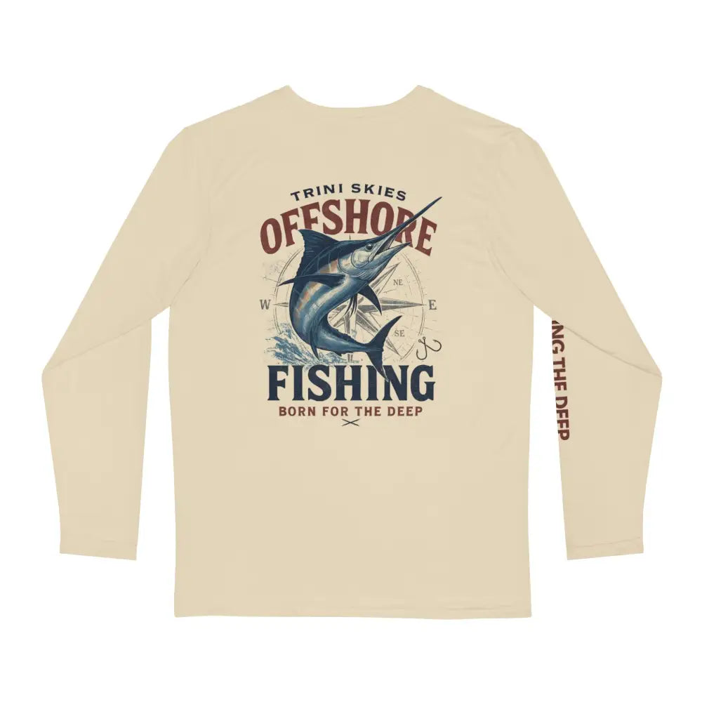 Light beige long-sleeved fishing shirt outdoor with marlin compass graphic