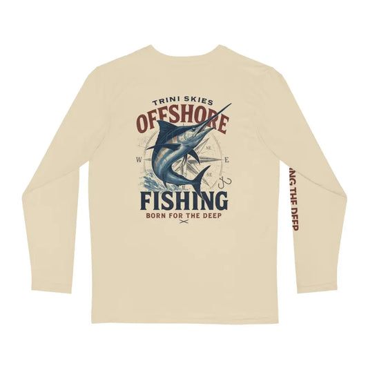 Light beige long-sleeved fishing shirt outdoor with marlin design, perfect for sunrise mens long adventures