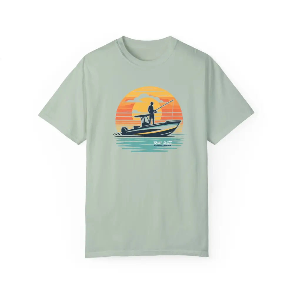 Light green sunset graphic t-shirt with vintage coastal angler fishing boat