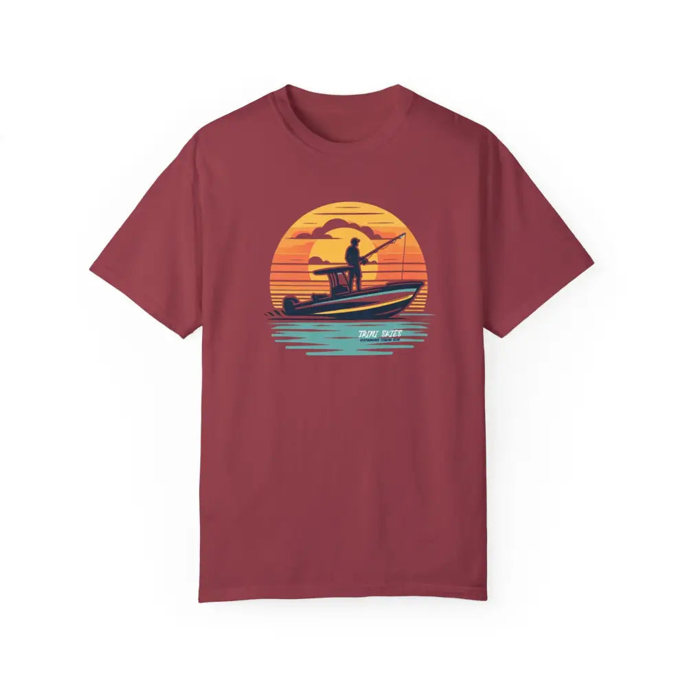 Maroon sunset graphic t-shirt with vintage coastal angler fishing at sunset