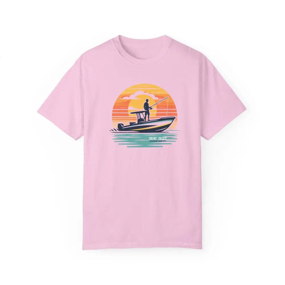 Pink sunset graphic t-shirt with vintage coastal angler fishing from boat