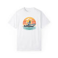 White sunset graphic t-shirt with vintage coastal angler boat design