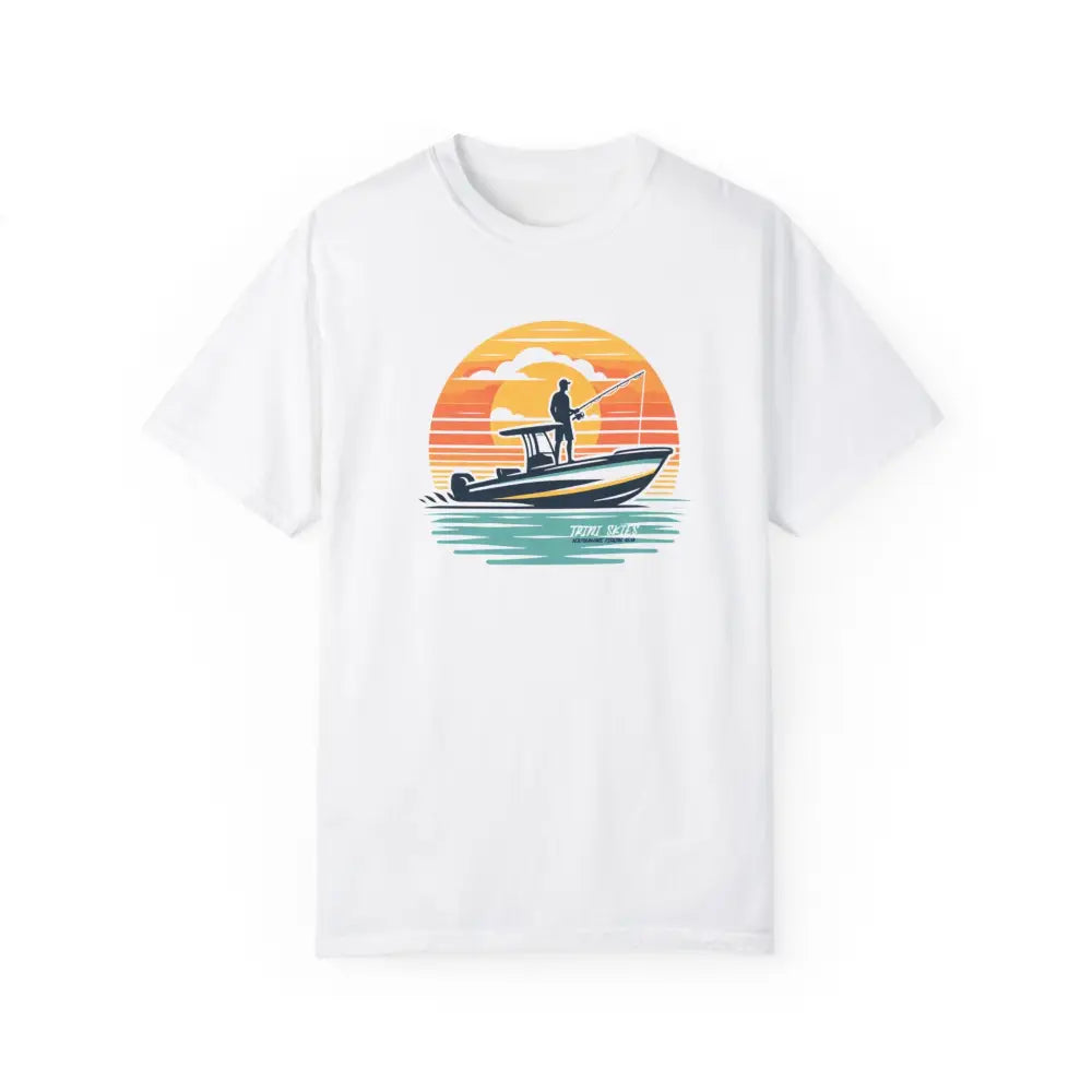 White sunset graphic t-shirt with vintage coastal angler boat design