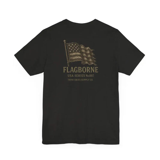 Black T-shirt with distressed American flag graphic from Trini Skies Supply for make America great