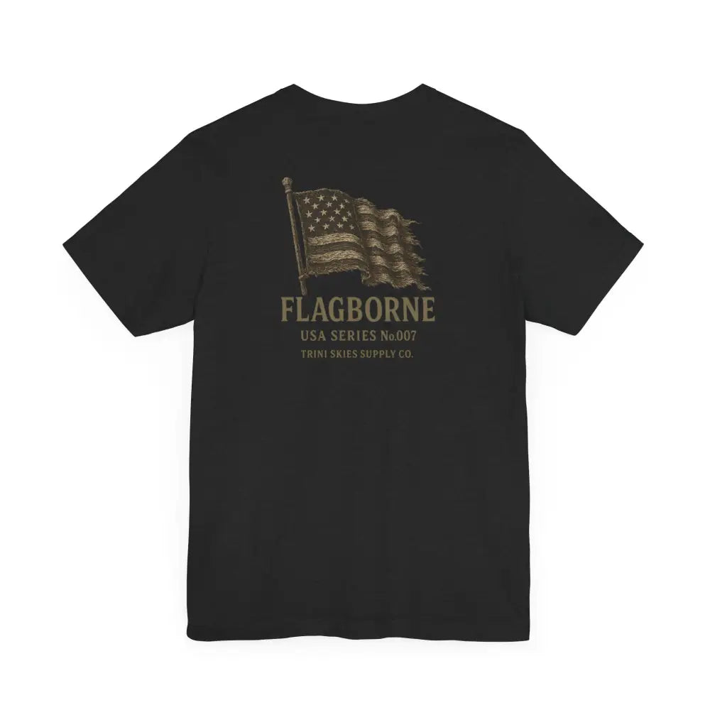 Black short-sleeve T-shirt with waving American flag graphic from Trini Skies Supply
