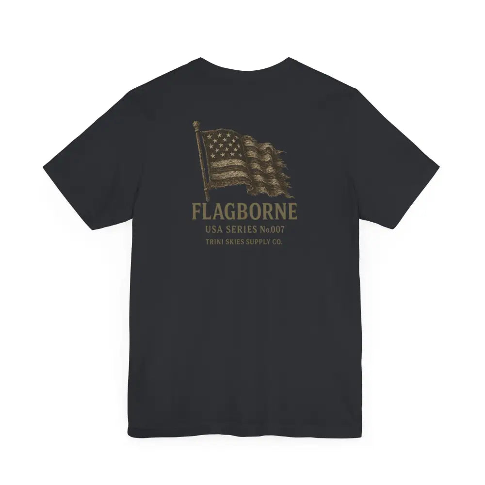 Dark gray Flagborne tee with American flag graphic by Trini Skies Supply