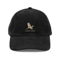 Flight Risk embroidered corduroy hat with flying egret motif
