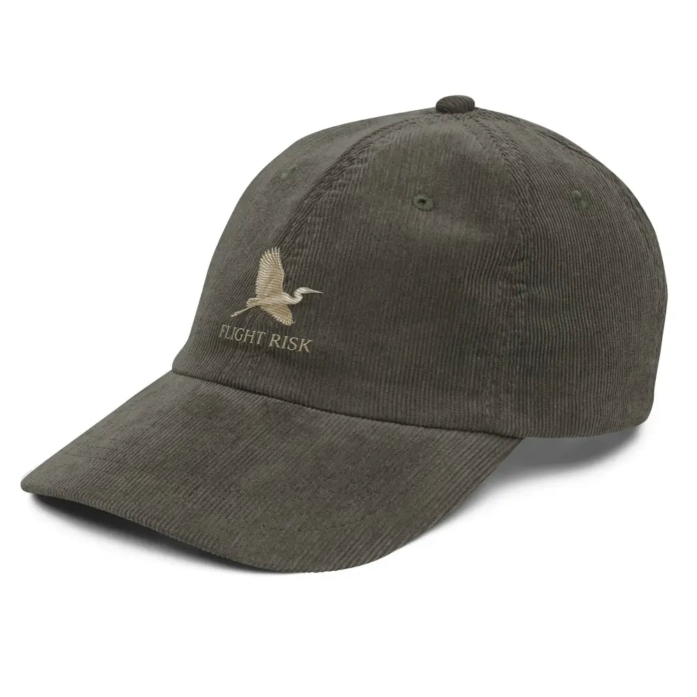 Flight Risk embroidered corduroy hat with flying egret motif