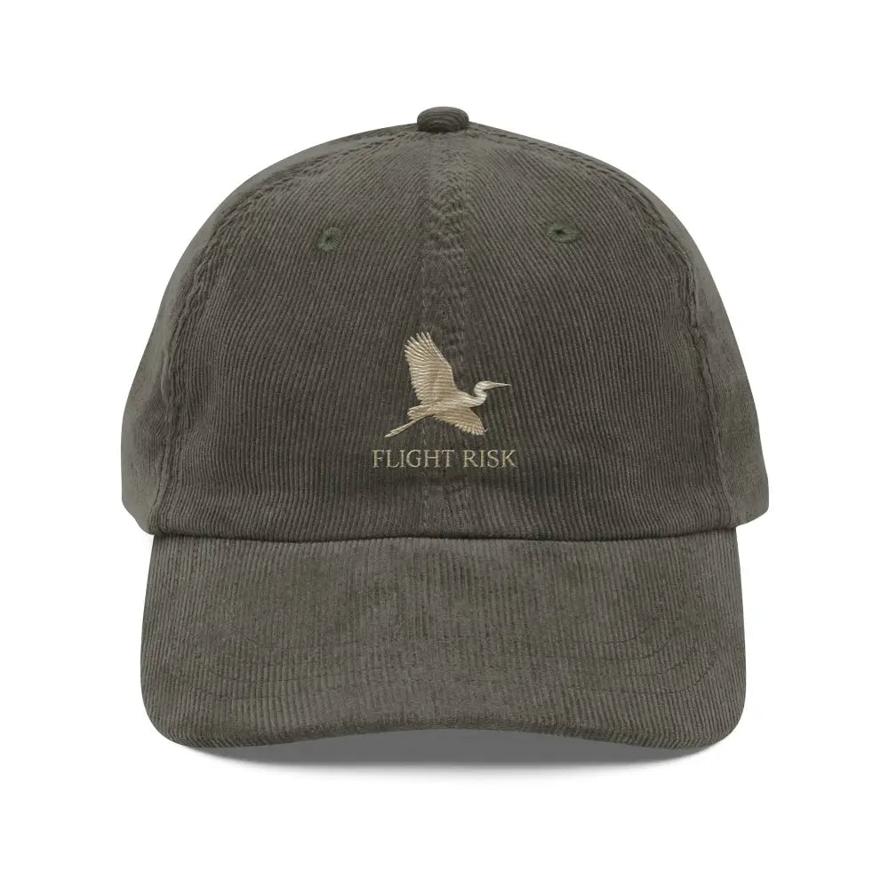 Olive green Flight Risk corduroy dad cap with embroidered egret motif