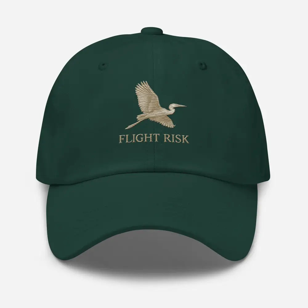 Flight Risk embroidered dark green dad cap with minimalist heron motif