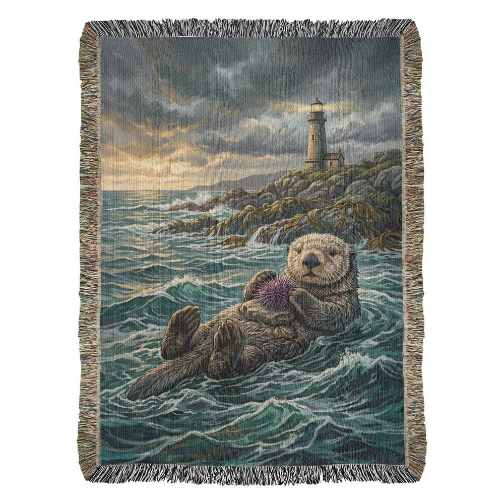 Floating sea otter with lighthouse on coastal woven cotton blanket