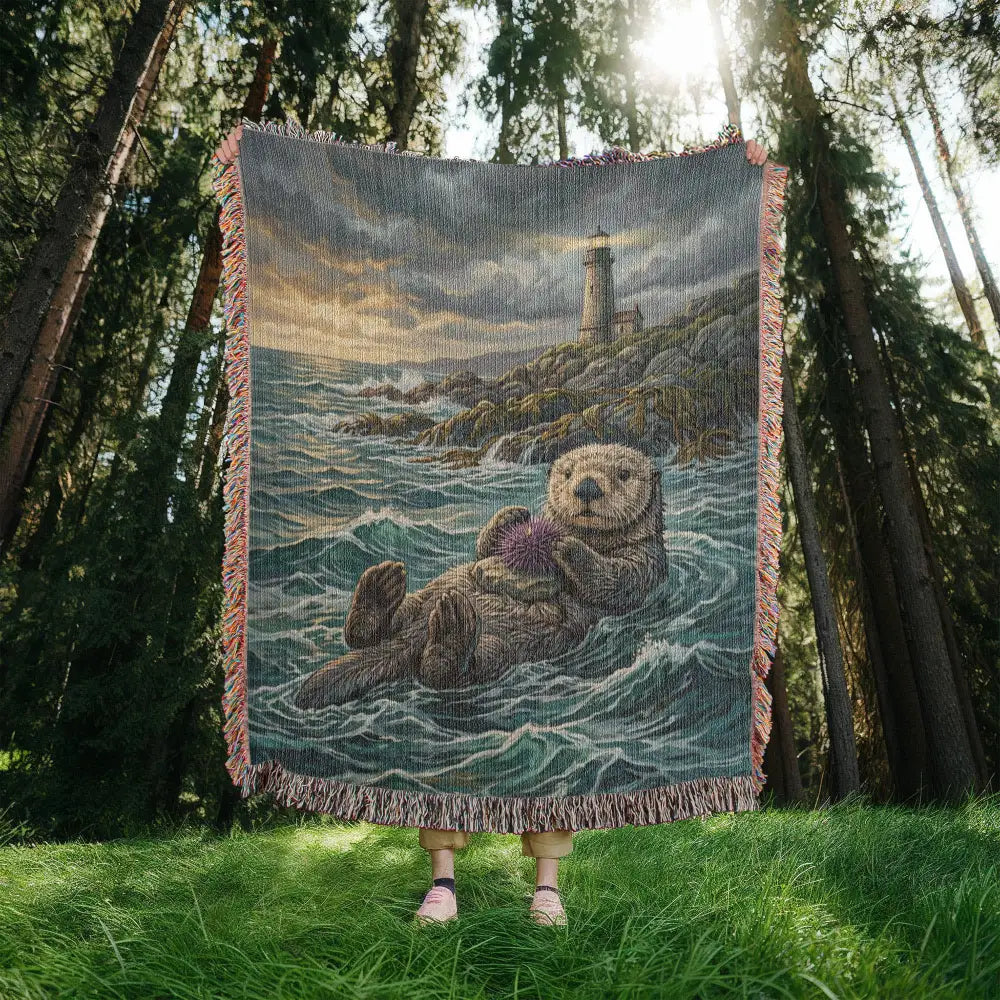 Floating sea otter woven tapestry blanket with lighthouse waves