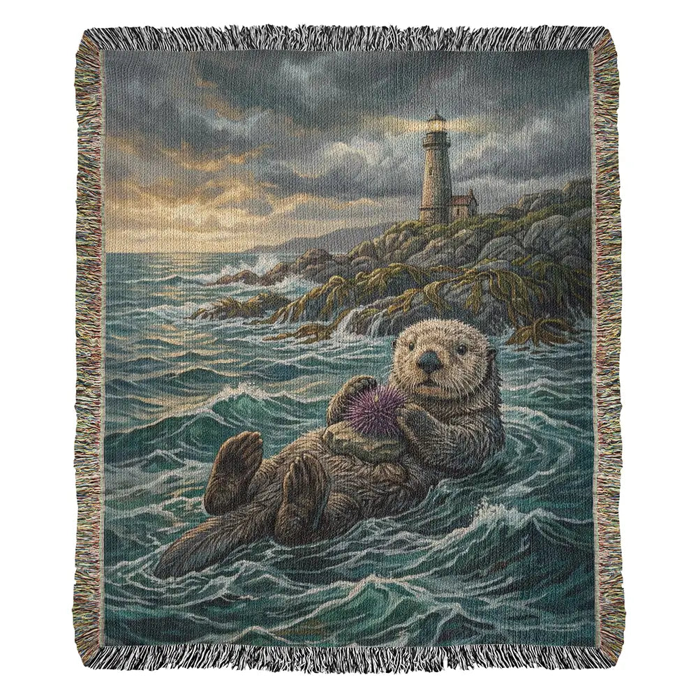 Floating sea otter with urchin on coastal woven cotton blanket under trini skies
