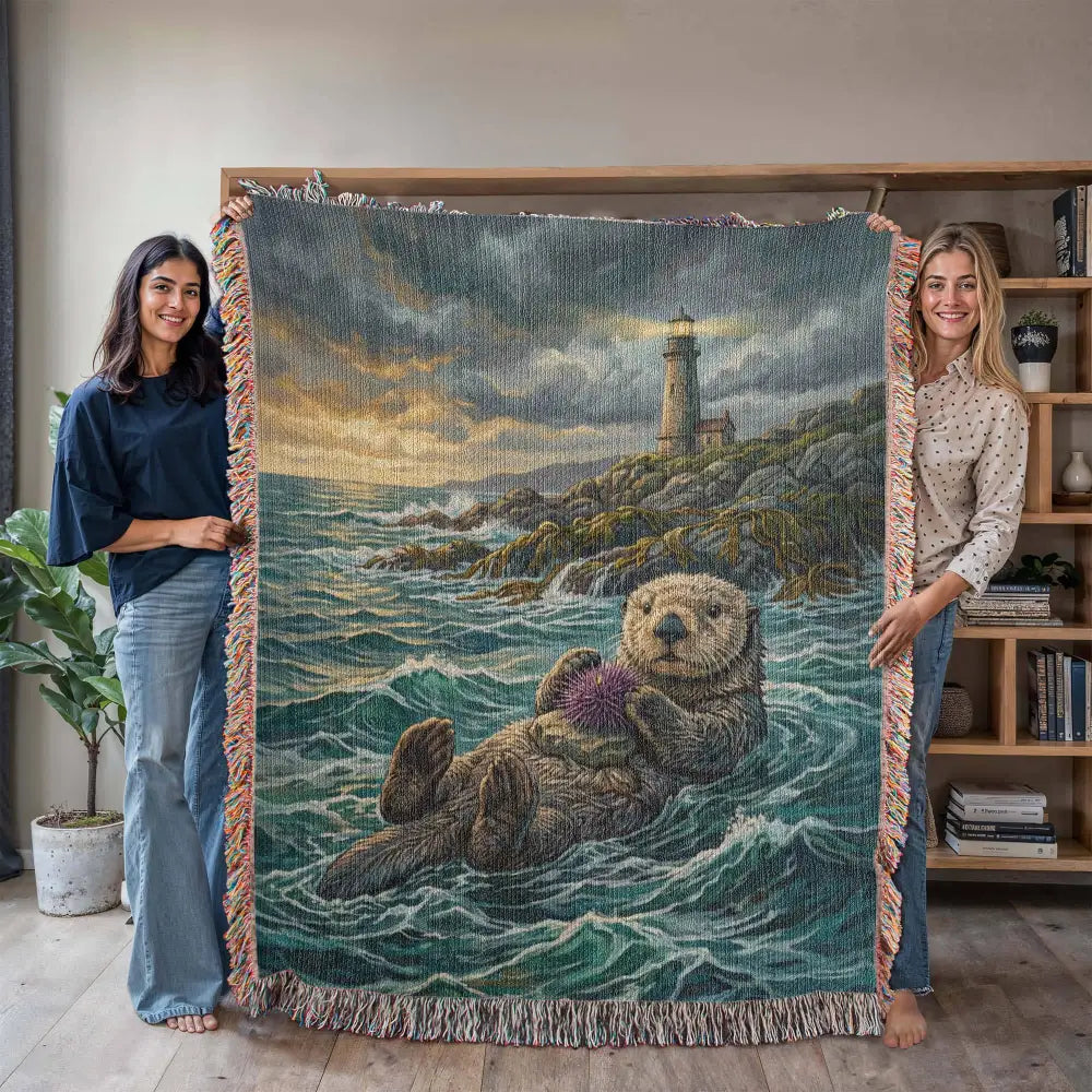 Floating sea otter on coastal woven cotton blanket with lighthouse