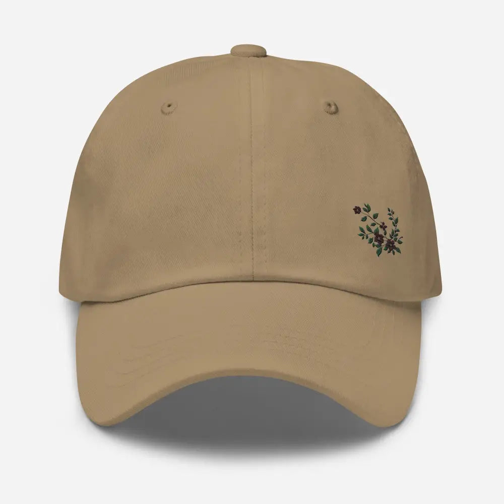 Tan Flower Vine Embroidered Dad Hat with floral vine embroidered design