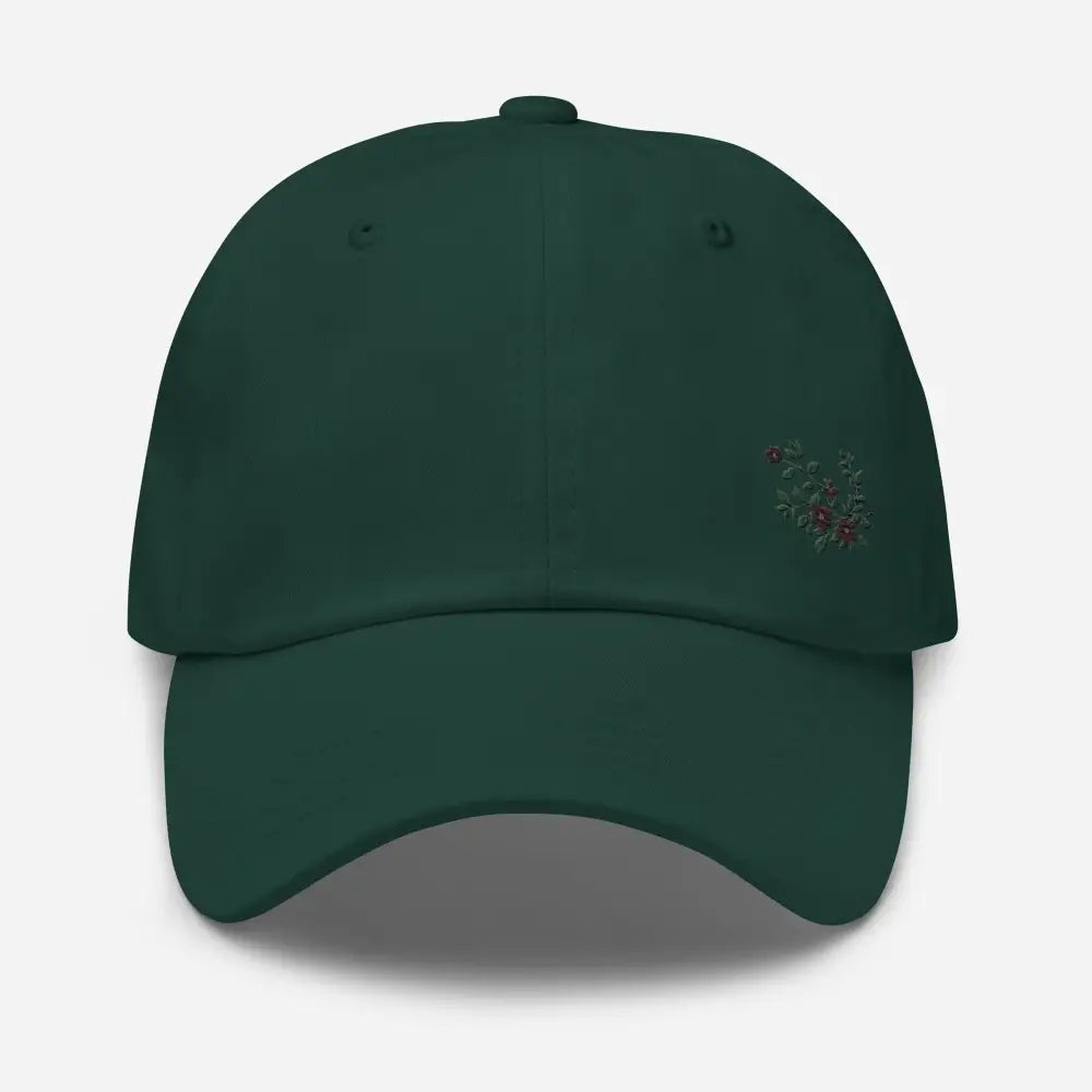 Dark green flower vine embroidered dad hat with subtle floral design on side