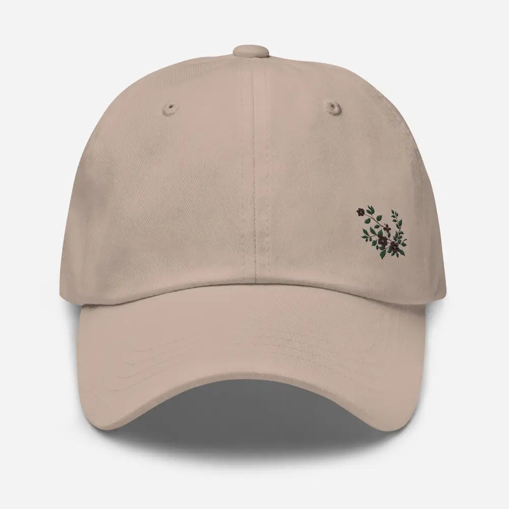 Light beige flower vine embroidered dad hat with dark floral embroidery on front right side