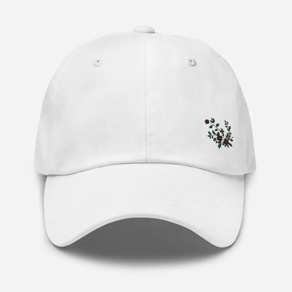 White baseball cap with flower vine embroidered design on vine embroidered dad hat