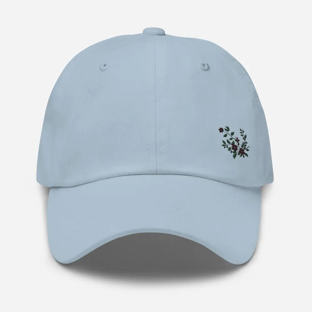 Light blue flower vine embroidered dad hat with small floral embroidery