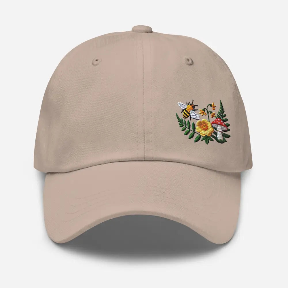 Beige embroidered bee dad hat with flowered mushroom garden design