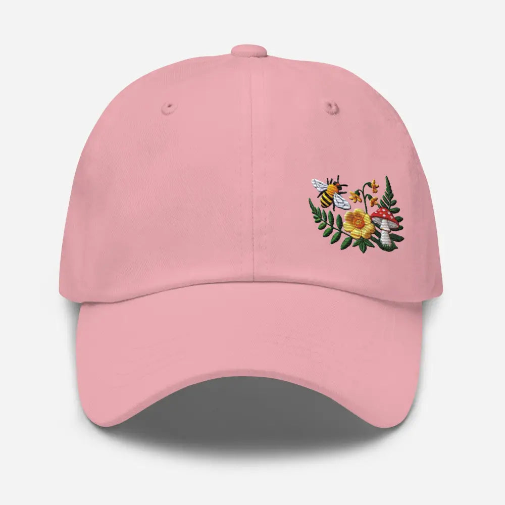 Pink flowered mushroom garden embroidered bee dad hat by Trini Skies