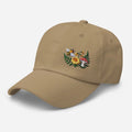 Tan embroidered bee dad hat with flowered mushroom garden design