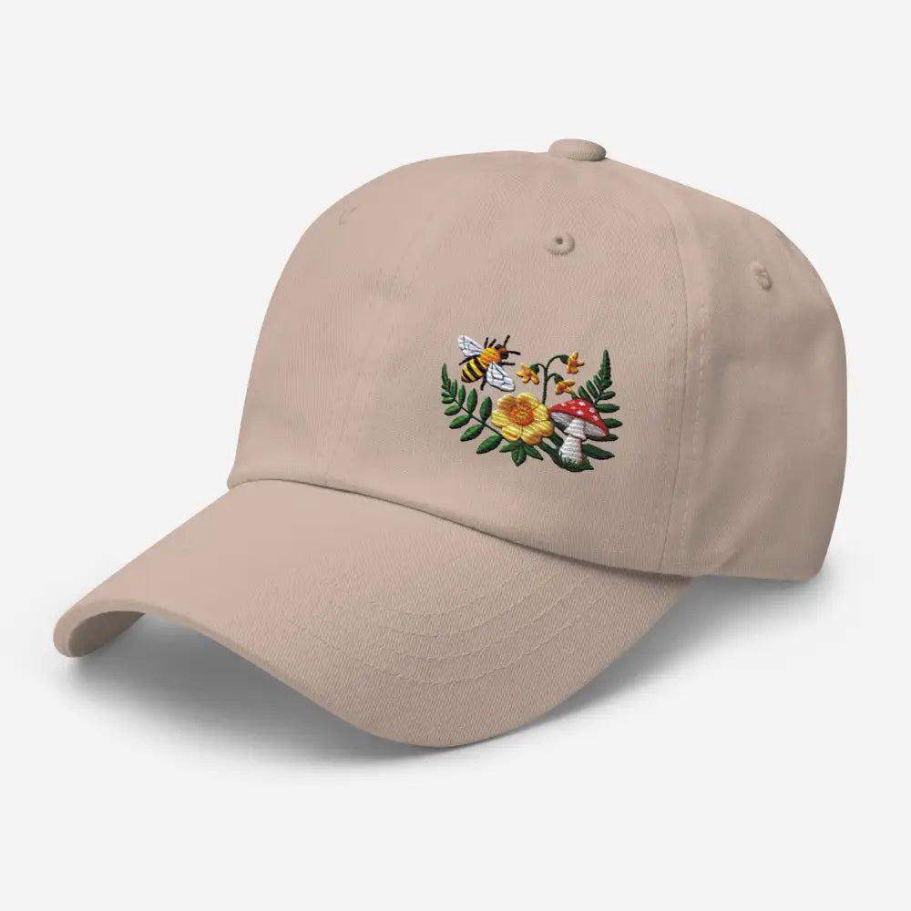Light beige embroidered bee dad hat with flowered mushroom garden design