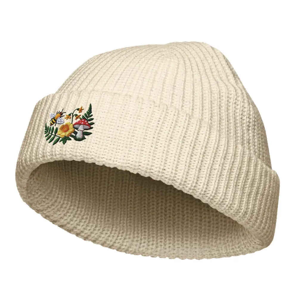 Cream ribbed knit flowered mushroom garden embroidered bee fisherman beanie
