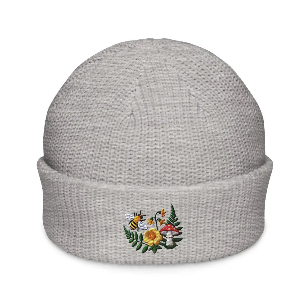 Light grey knit beanie with flowered mushroom garden embroidered bee