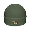 Olive green flowered mushroom garden embroidered bee fisherman beanie
