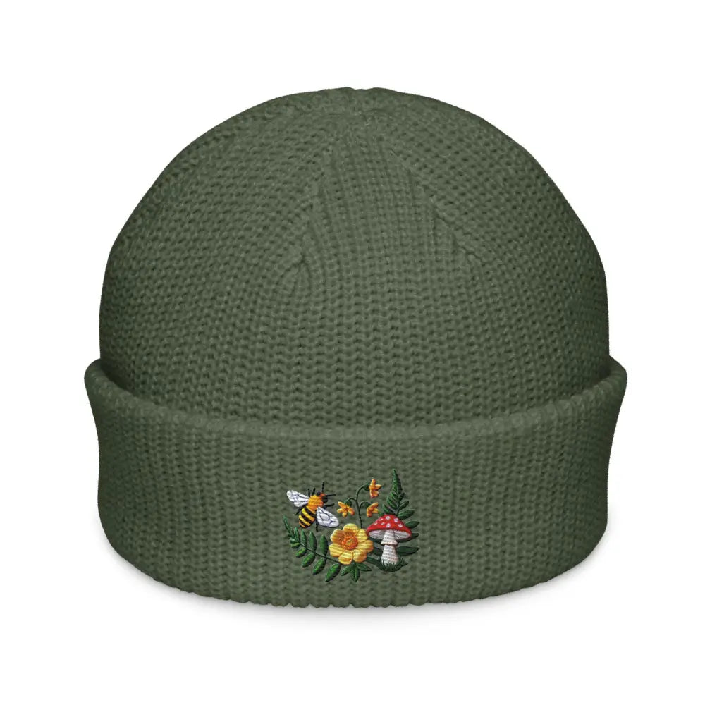 Olive green flowered mushroom garden embroidered bee fisherman beanie