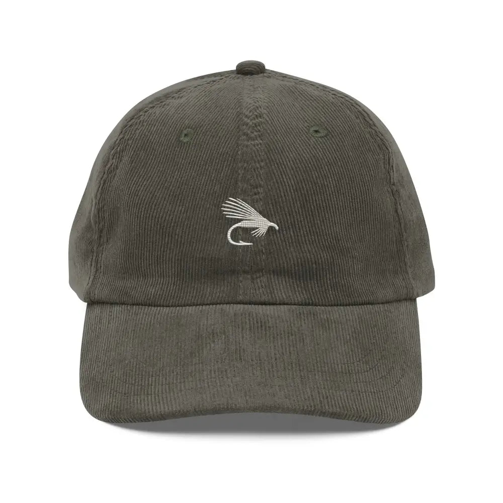 Heritage Edition embroidered corduroy cap with olive green fly lure