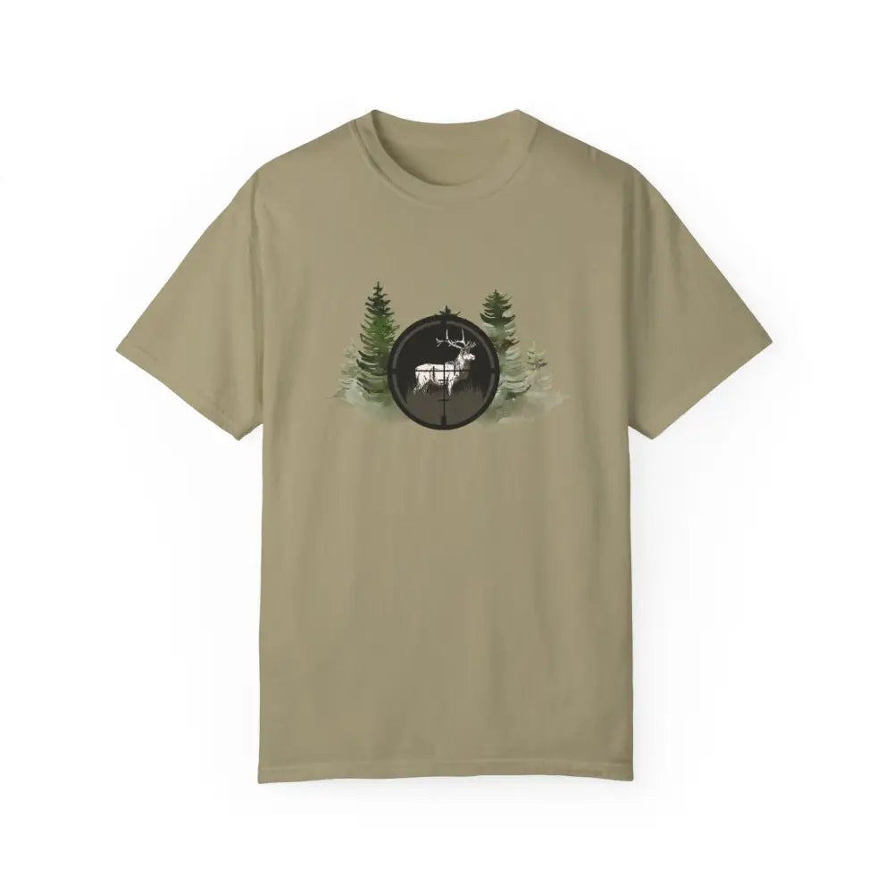 Tan hunting-inspired t-shirt with bold deer in scope graphic
