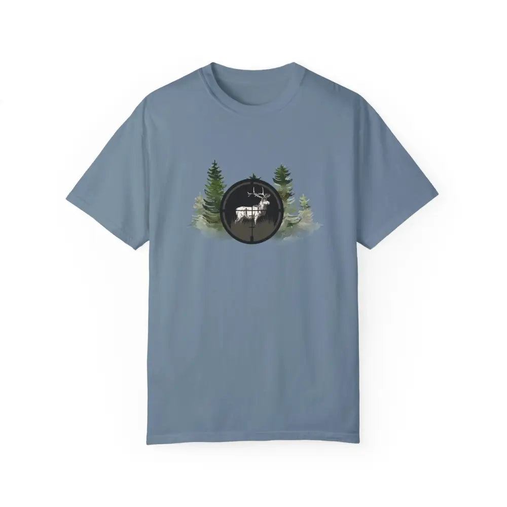 Light blue hunting inspired t-shirt with deer in crosshairs graphic