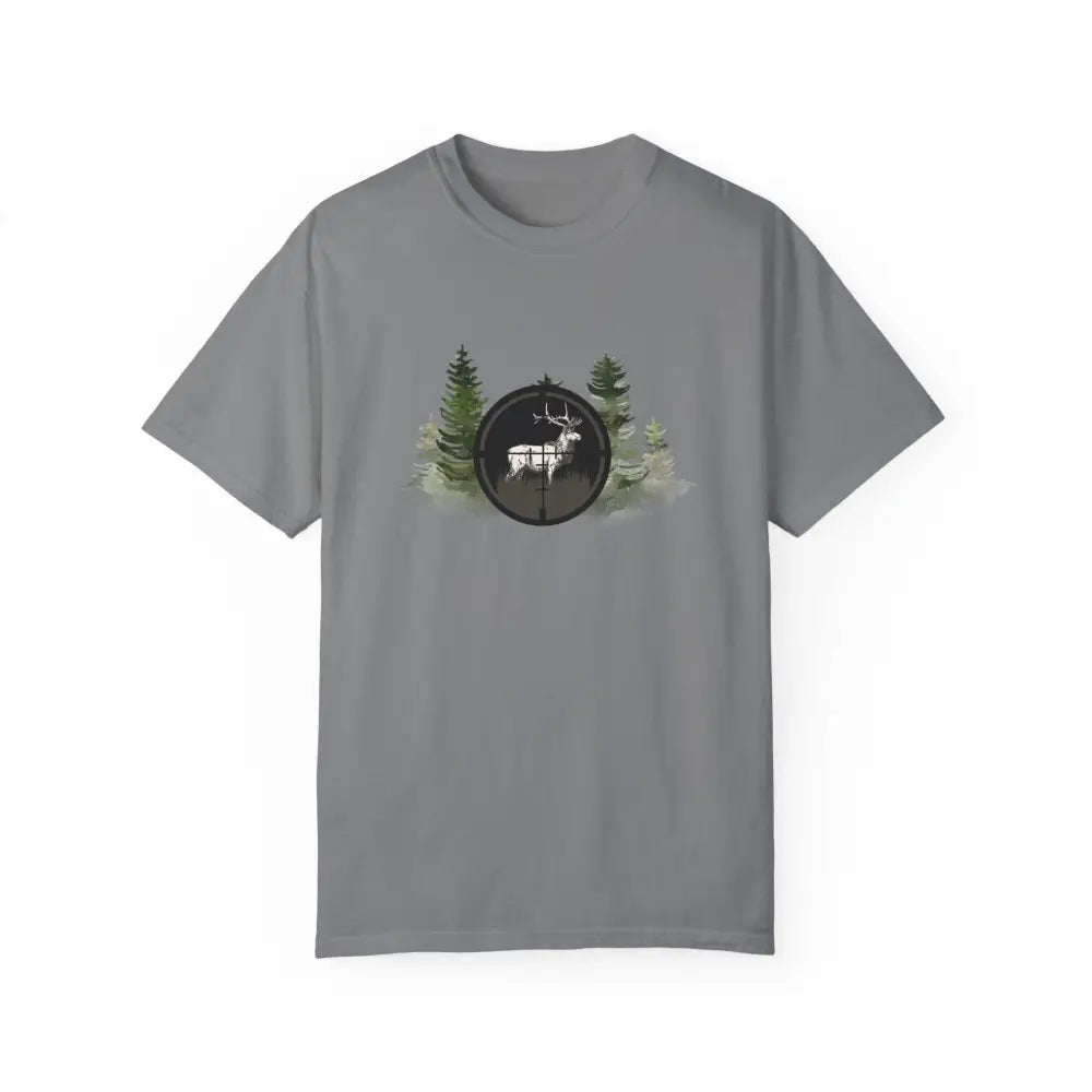 Grey short-sleeved hunting inspired t-shirt with bold deer in scope graphic