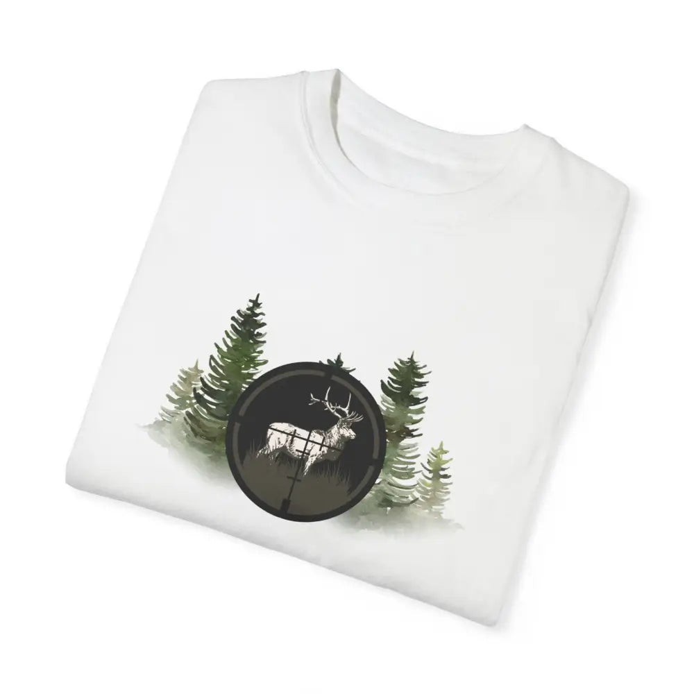 White t-shirt with bold hunting-inspired graphic of deer in rifle scope amid pine trees