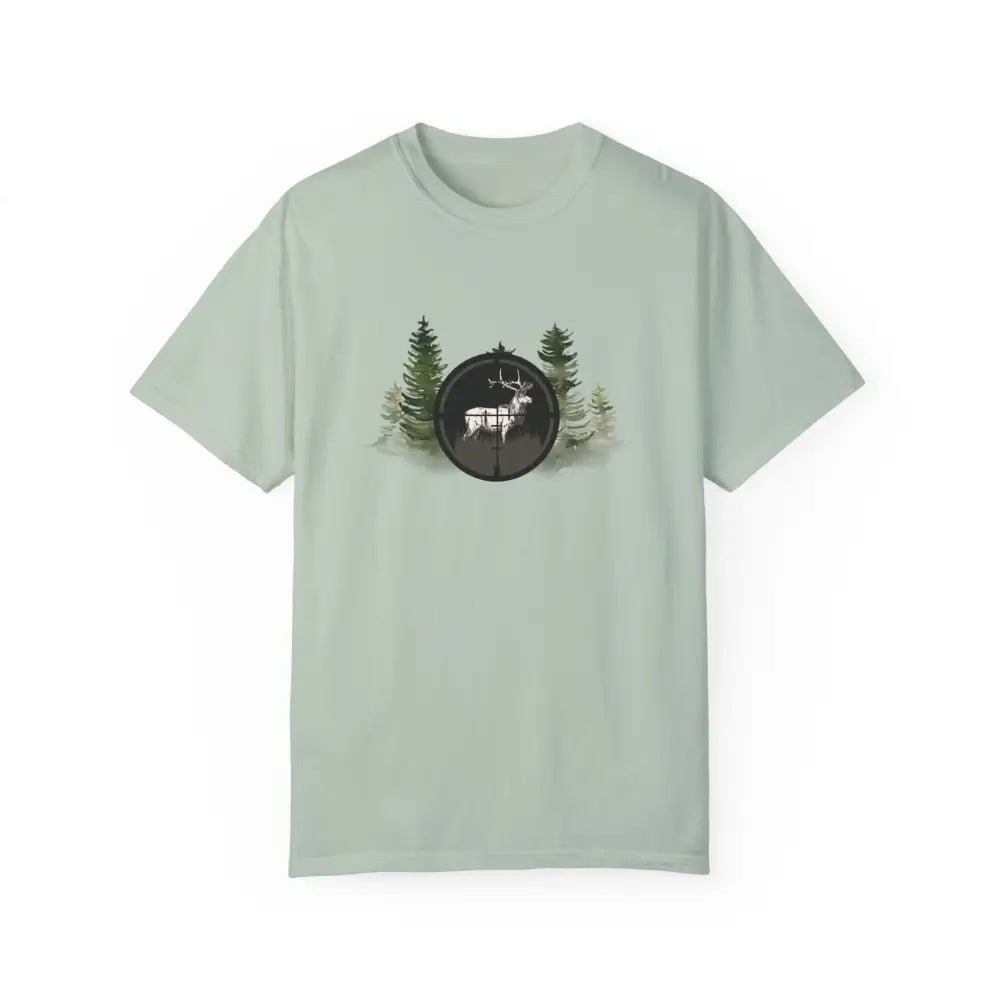 Light green hunting inspired t-shirt with deer in scope graphic