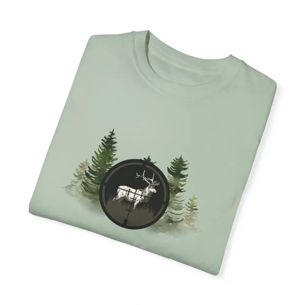 Light green hunting inspired t-shirt with forest deer graphic