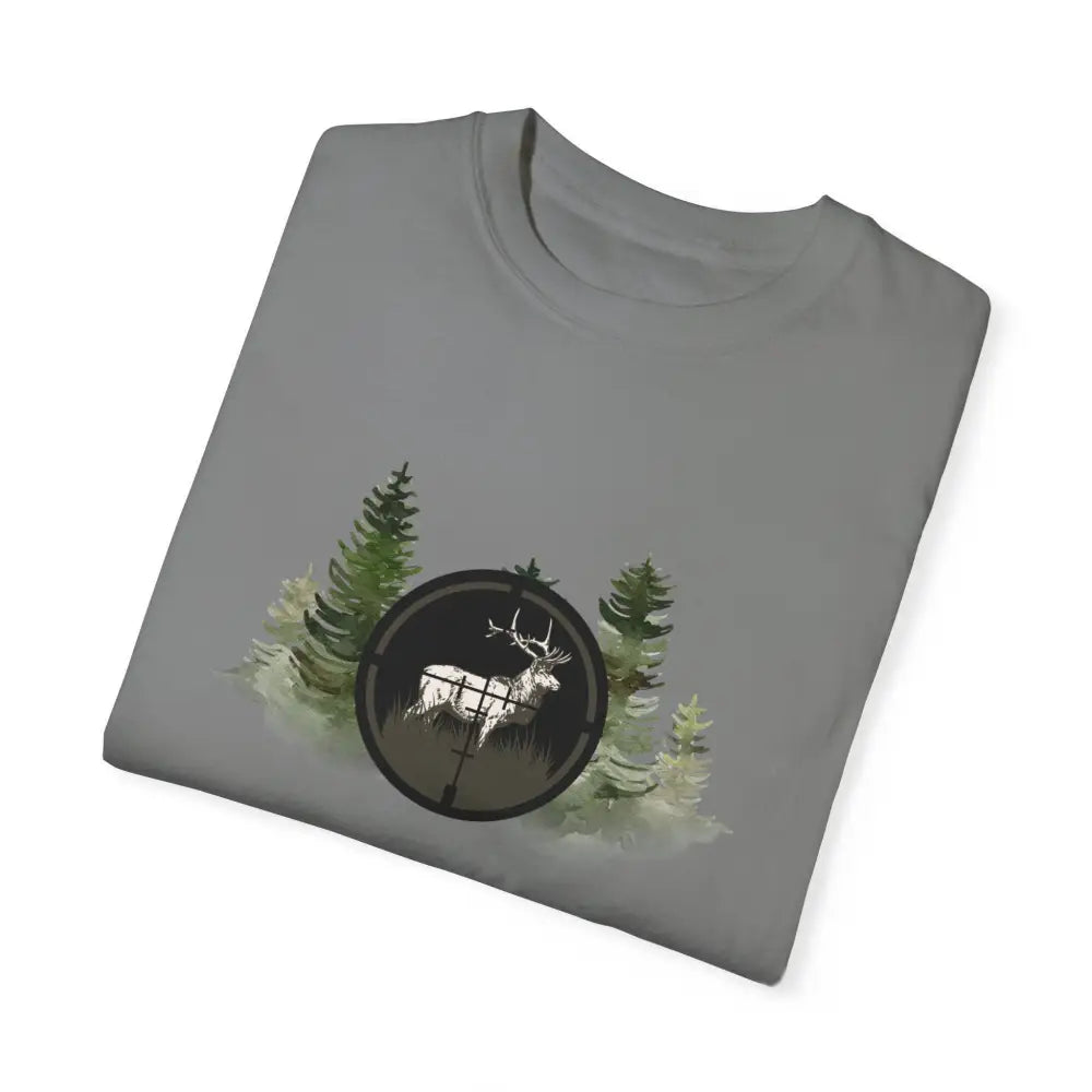 Folded gray bold hunting-inspired graphic tee with deer crosshair design