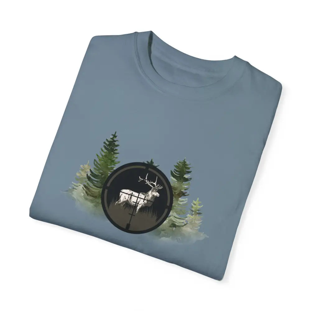 Blue-grey hunting inspired t-shirt with bold deer in scope graphic