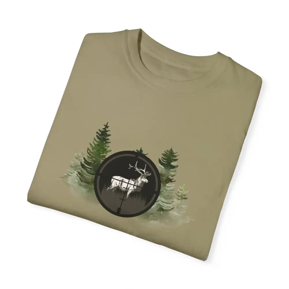 Folded tan hunting inspired t-shirt with forest deer graphic