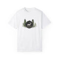 White short-sleeved hunting inspired t-shirt with forest deer graphic